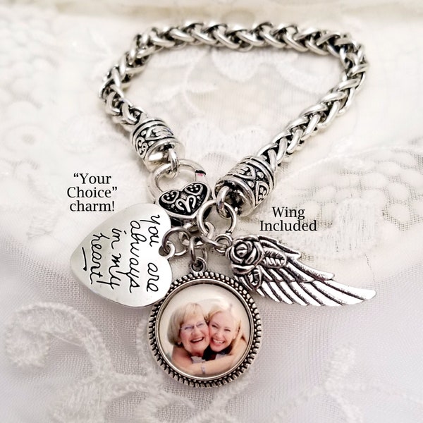 Photo Memory Charm Bracelet Picture Bracelet Memorial Jewelry Loss of Grandmother Loss of Mother Sympathy Gift Angel Wing Charm Memorial