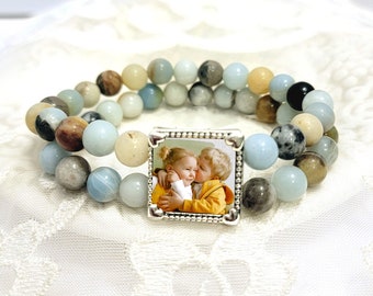 Beaded Photo Charm Bracelet Gift for Grandma Mother Gift Picture Charm Jewelry Bracelet Multi Color Beads 1, 2 or 3 Photo Charms