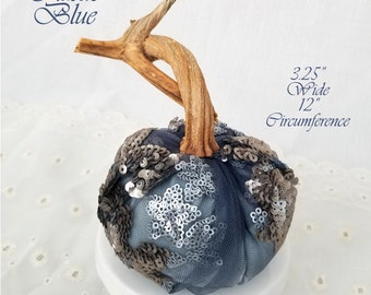 Blue Velvet Pumpkin with Real Stem Embroidered Lace Wedding Pumpkins Thanksgiving Centerpiece Fall Home Decor