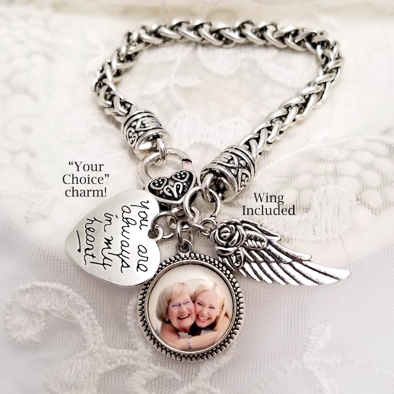 Photo Memory Charm Bracelet Picture Bracelet Memorial Jewelry Loss of Grandmother Loss of Mother Sympathy Gift Angel Wing Charm Memorial Etsy