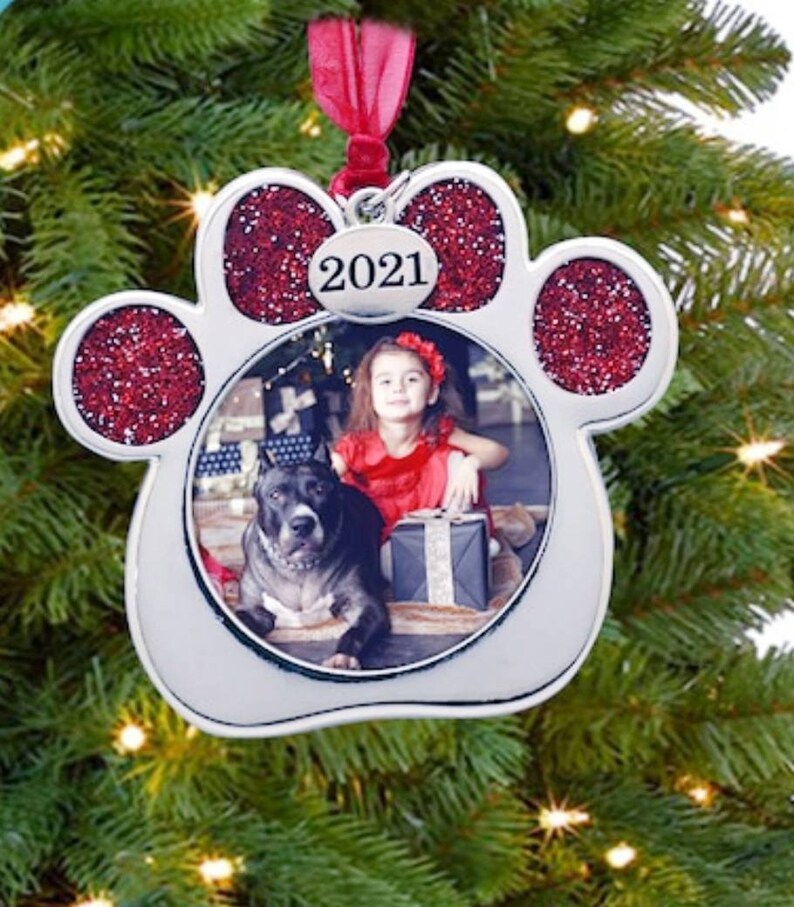 Pu&ograve; includere: Un ornamento a forma di impronta di zampa argentata con accenti di glitter rosso. L'ornamento ha un inserto fotografico trasparente con una foto di una ragazza e un cane. L'ornamento ha anche un'etichetta argentata con l'anno 2021.