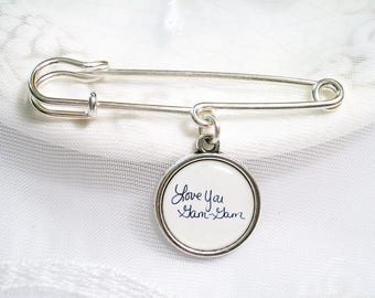 Personalized Memorial Charm Pin Handwriting Photo Groom Gift Boutonniere Pin Sympathy Gift Bridal Shower Gift 1 or 2 Sided Silver or Bronze