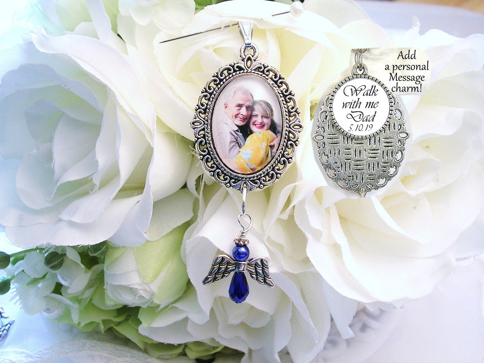 Wedding Bouquet Charm Lacy Oval Bridal Charm Bridal Bouquet Charm Bride  Angel Charm Memorial Photo Charm You are Always in My Heart Charm Something  Blue for Bridal Party (Double Pendant Style) 