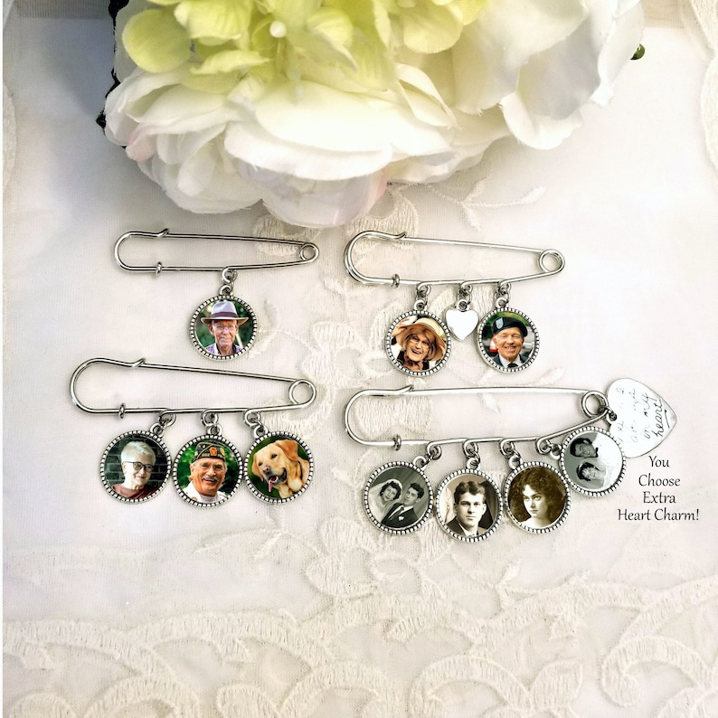 Groom Gift Photo Memorial Lapel Pin Wedding Boutonnière Graduation or Baptism Memory Charm Sympathy Gift 1, 2, 3, or 4 Photo Charms image 1