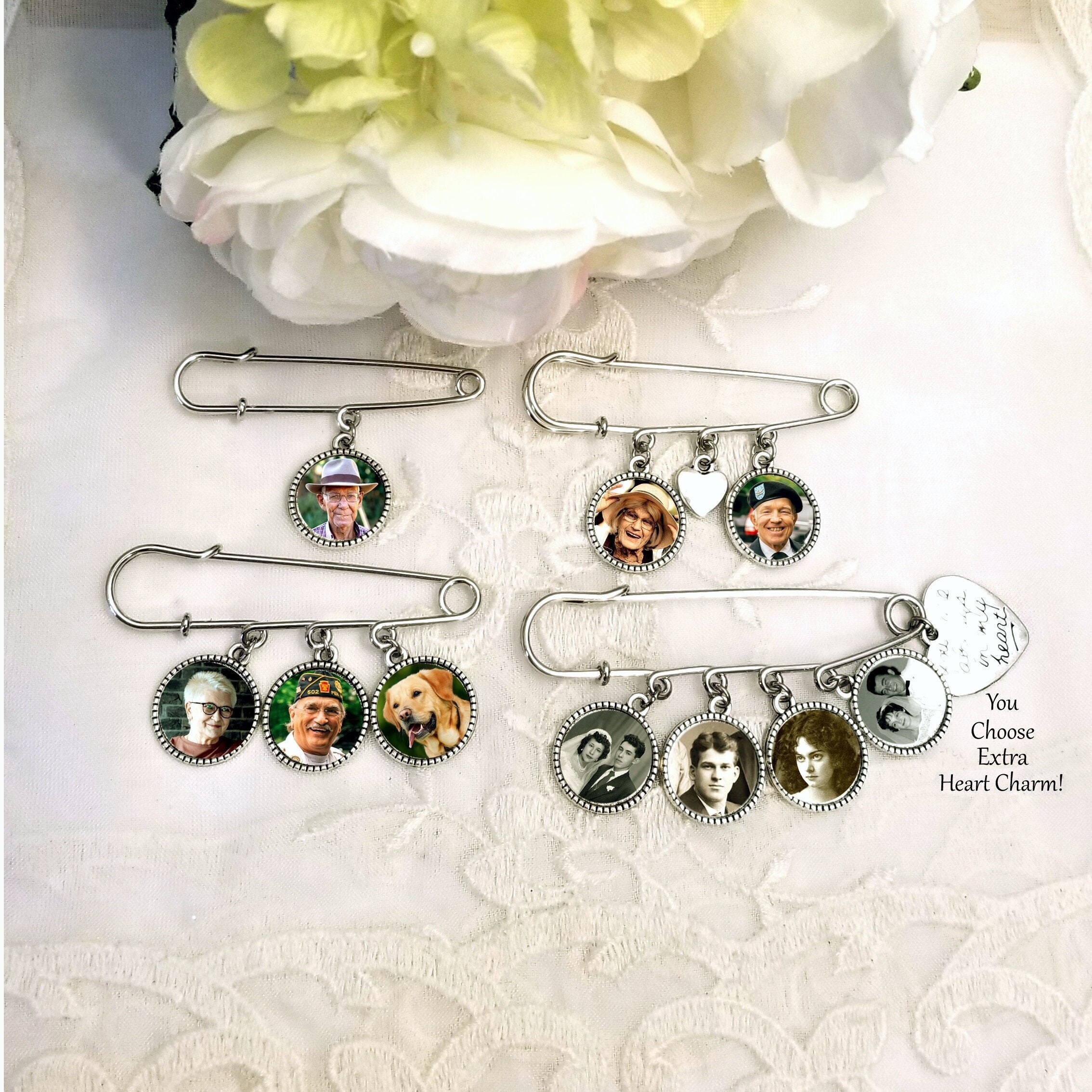 Groom Gift Photo Memorial Lapel Pin Wedding Boutonnière Graduation or Baptism Memory Charm Sympathy Gift 1, 2, 3, or 4 Photo Charms!