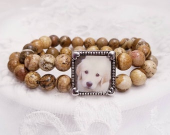 Photo Bracelet Stone Beads Picture Bracelet Photo Gift for Best Friend Photo Jewelry Boho Beaded Bracelet, Pet Memory Jewelry