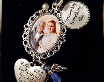 Wedding Memory Charm, Bride Bouquet Photo Charm Something Blue Angel Bridal Shower Gift Wedding Gift Loss of Mom Dad Memory Sympathy Gift