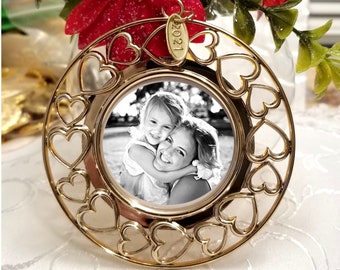 Gold Heart Photo Ornament Mothers Day Gift for Wife Mom Gold Picture Frame Engagement Gift Grandmother Dad Photo Gift date tag removes