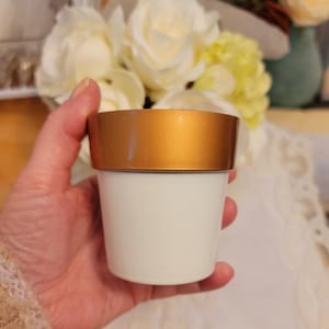 May include: A white planter with a copper colored rim. The planter is being held in a hand.