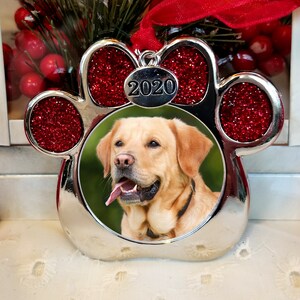 Pu&ograve; includere: Ciondolo natalizio a forma di zampa d'animale in argento con sfondo glitterato rosso e una foto di un labrador retriever giallo all'interno. Il ciondolo ha un ciondolo argentato con l'anno 2020 su di esso.