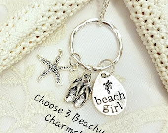 Beach Charm Necklace Gift for Wife Mom Jewelry Daughter Gift Beach Wedding Mermaid Starfish Turtle Seahorse Sailboat FlipFlops Charms