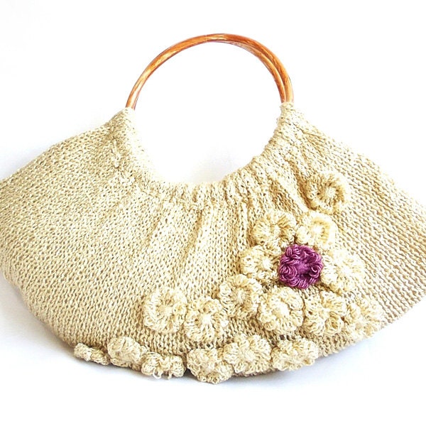 Valentines Day SALE - Free shipping- Fashionable Swollen Knitting Satchel Bag- Beige and decorated with flowers- OOAK