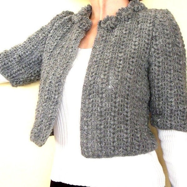 Handmade cardigan, Short Sleeve, Gray Crochet Cardigan, Bolero, Medium, Mini cardigan, Short sleeved cardigan, Unique cardigan, Sweater