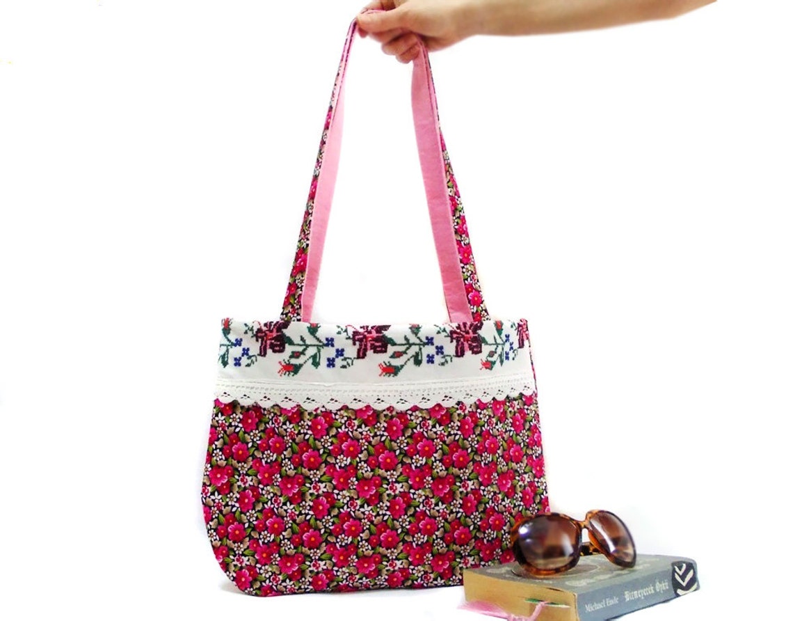 Cross stitch Floral Organic Cotton Tote bag Reversible bag Etsy