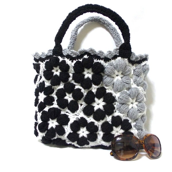 Crochet handmade bag- Free Shipping-Grey women bag, 2013 bags trends, Bag With Flower, Black bag, Black, Grey, Flower crochet handbag