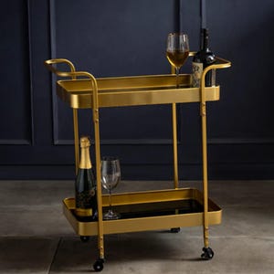 Carrito de bar de metal dorado, carrito de servicio moderno con ruedas, almacenamiento de bebidas de lujo