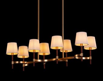 Modern Linear Fabric Shade Chandelier | Luxury Brass Dining Table Hanging Light | Contemporary Pendant Fixture