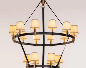 Moderne kroonluchter met wagenwiel | Grote boerderijringkroonluchter | Luxe dubbellaagse hanglamp