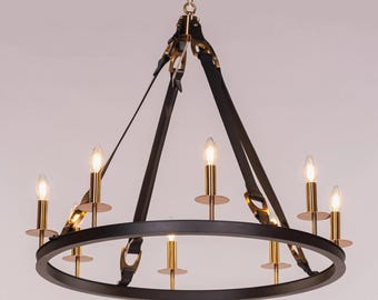 Rustic Wagon Wheel Chandelier 8 Light Farmhouse Chandelier Leather Strap Ceiling Light Dining Room Entryway Lighting Fixture