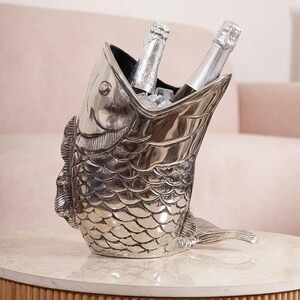 Fish Wine Cooler, Metallic Champagne Ice Bucket, Sculptural Barware, Table Centerpiece