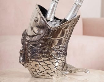 Fish Wine Cooler, Metallic Champagne Ice Bucket, Sculptural Barware, Table Centerpiece