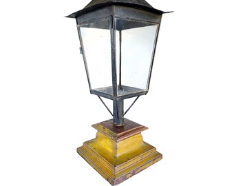 Large Antique English Black Toleware Post Lantern on Painted Teak Base 19th century