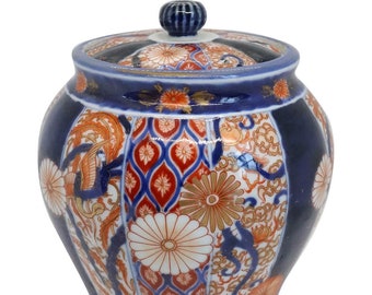 Antique Japanese Late Meiji Fukugawa Koransha Porcelain Imari Ginger Jar. Blue, White, Orange.