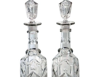 1860's Antique Pair English Mid Victorian Cut Glass Tall Neck Decanters with Stoppers. Gin, Whiskey, Bar or Bathroom.