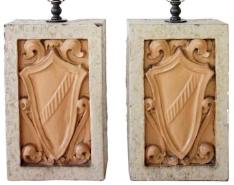 1920s Vintage Pair of Lamps Italian Style Architectural Salvaged Cream Glazed Shield / Crest Terracotta Plaques