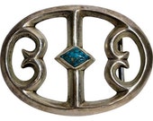 Vintage Native American Navajo Indian Sand Cast Silver and Turquoise Oval Belt Buckle