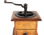 Antique American Victorian Iron Hand Crank and Maple Box Coffee Mill Grinder Circa 1890