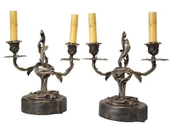 1860 Antique Pair of French Louis XV Style Rococo Silver-Plated Two-Light Candelabra Candlesticks Converted to Table Lamps