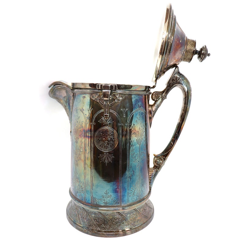 1873 Antique American Reed and Barton Silverplate Porcelain Lined Cold Water Pitcher image 3