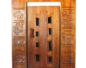 1962 Vintage Rare American EDGAR BRITTON Mid Century Modern Carved Walnut Wooden Front Door and Surround Frame