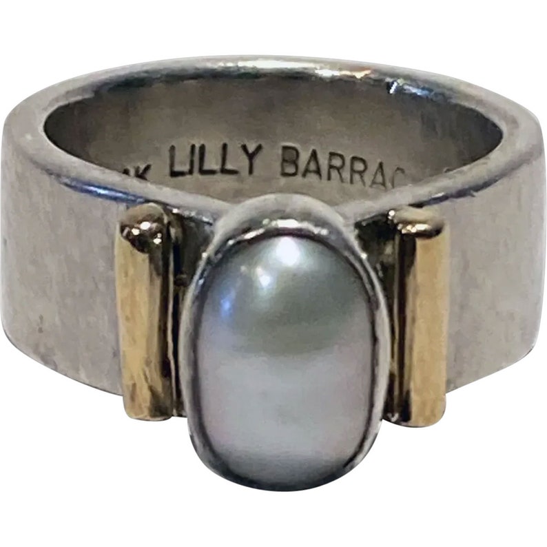 American LILLY BARRACK 14K Yellow Gold, Sterling Silver and Pearl Ring 6.5 Size image 1