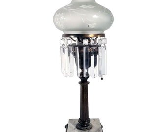 1860's Antique American Marble, Bronze, Glass and Crystal Oil Lamp as a One-Light Table Lamp