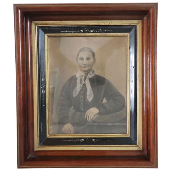 1870's Antique American Signed Charcoal on Paper Drawing, Portrait of a Lady Shaddowbox Eastlake Frame