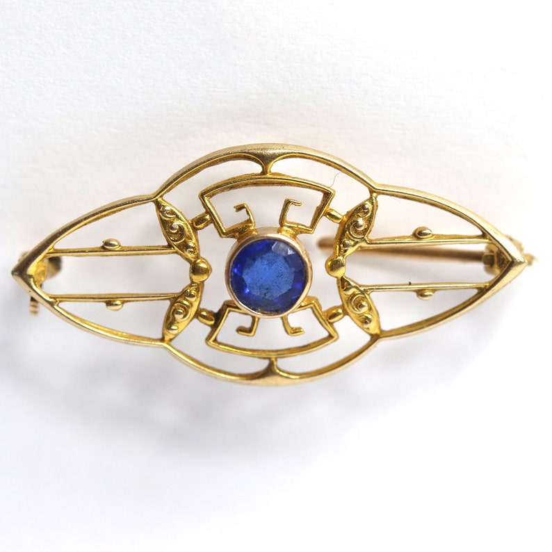 1930's Vintage Art Deco 10 Karat Yellow Gold and Blue Stone Brooch Pin image 3