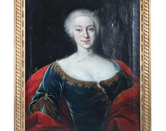 1700's Antique French School Rococo Oil on Canvas Painting, Portrait of a Noble Lady