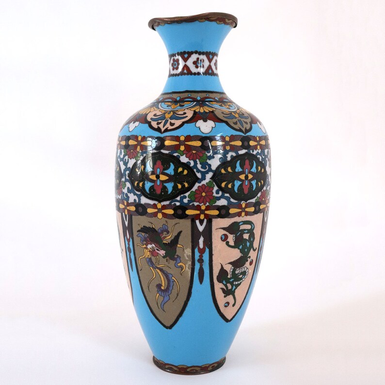 Antique Japanese Edo Cloisonne Blue Enamel Copper Baluster Vase image 2