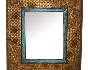 1870 Antique American Aesthetic Movement Period Gold Gilt Gesso Decorative Wall Frame Mirror Teal Velvet