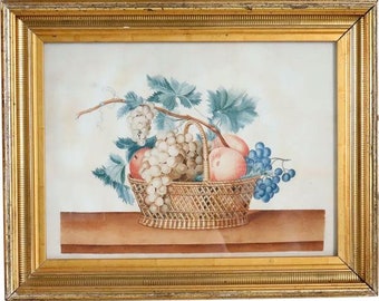 1820's Antique American New England Watercolor Painting on Paper Theorem, Fruit Basket Framed Art