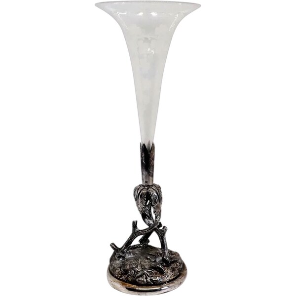 1890's Antique English Victorian Silverplate and Etched Glass Epergne Trumpet Centerpiece Vase