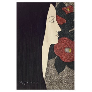 Original 1960s KIYOSHI SAITO Woodblock Print on Paper, Camellia Tsubaki Pretty Woman Matted and Framed Art image 2