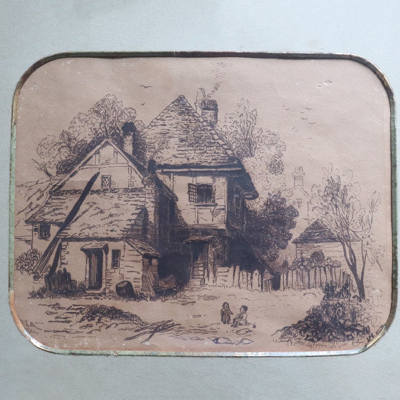 Dated 1896 Antique Signed Small English Victorian Sepia Engraving / Etching on Paper, Children at Country Cottage Matted and Framed Art image 3