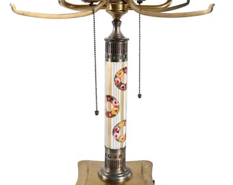 1920's Antique / Vintage American Pairpoint Painted Glass and Brass Two-Light Table Lamp Base
