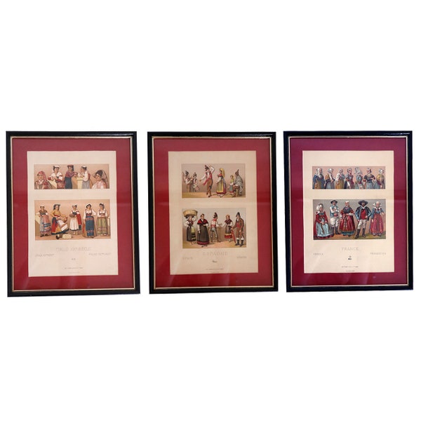 1880's Antique Set Three French Auguste Racinet Color Lithographs on Paper, Historical Costumes and Antique Clothes Matted Framed Art