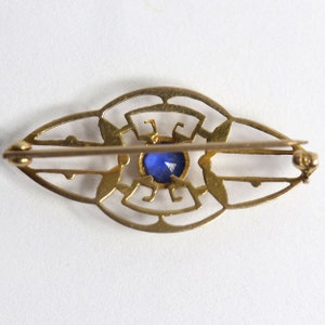 1930's Vintage Art Deco 10 Karat Yellow Gold and Blue Stone Brooch Pin image 4