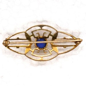 1930's Vintage Art Deco 10 Karat Yellow Gold and Blue Stone Brooch Pin image 2