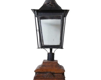 Anglo Indian Black Painted Toleware Post Lantern on Teak Base